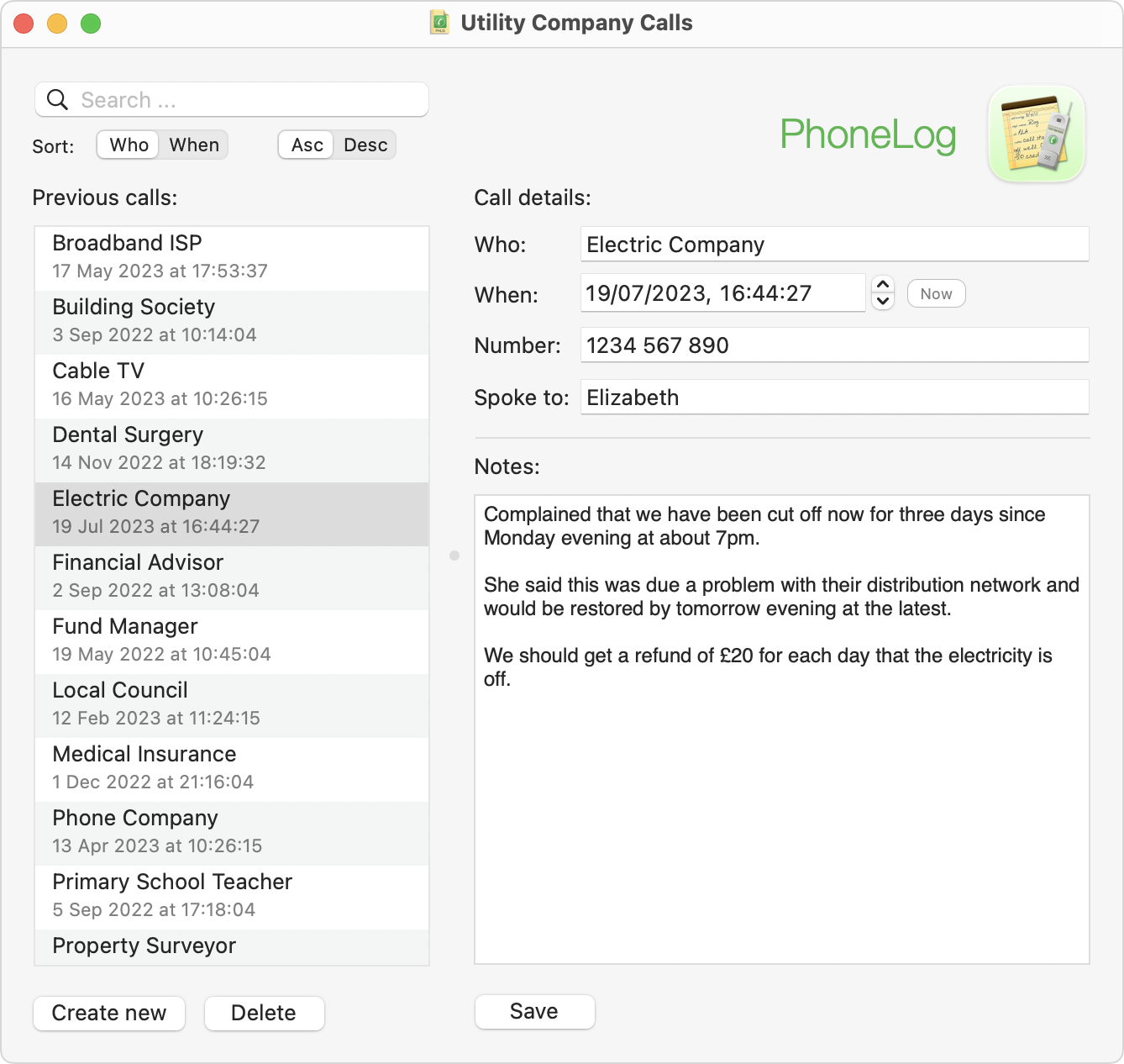 PhoneLog Screenshot
